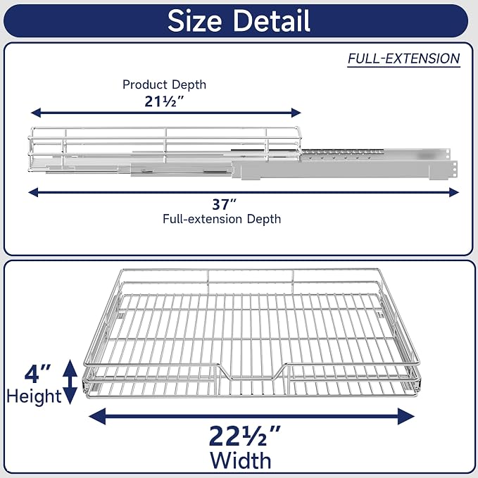 Pull Out Cabinet Organizer, 22.5" W x 21.5" D, Heavy Duty Chrome Slide Out Shelf for Wide Base Cabinets, Sliding Wire Basket Drawer for Pots, Pans, Appliances & Pantry Storage - Image 2