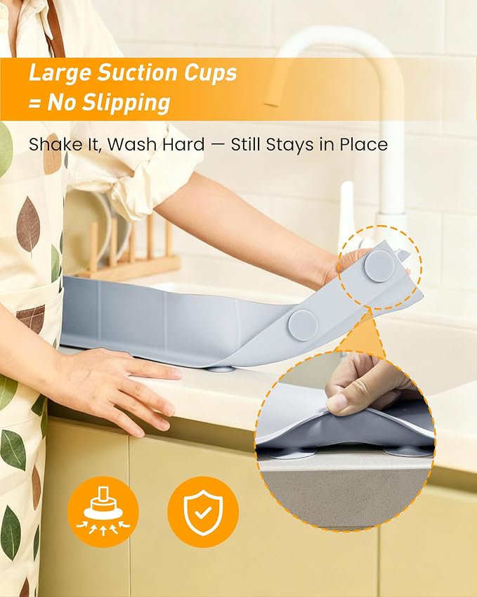 Sink Splash Guard 23" 18" 30" Silicone Water Guard with Strong Suction Cups, Faucet & Countertop Protector, Bathroom & Sink Edge Splash Guard Strip, Dishwasher Safe-Grey 23" - Image 3