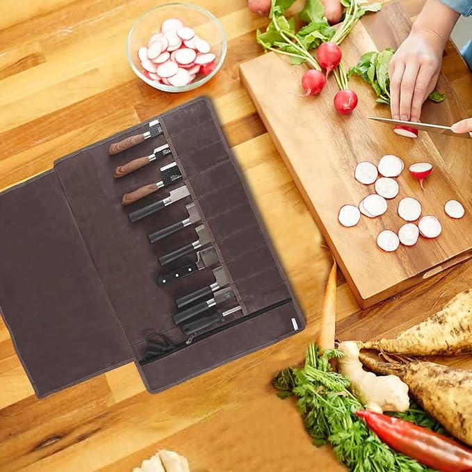Chef’s Knife Roll Bag,Waxed Canvas Knife Cultery Carrier, Portable Chef Knife Cases,Knife Pouch Holders With 10 Slots Plus 1 Zipper Pockets Can Hold Home Kitchen Knife Tools Up To 18.8” - Image 7