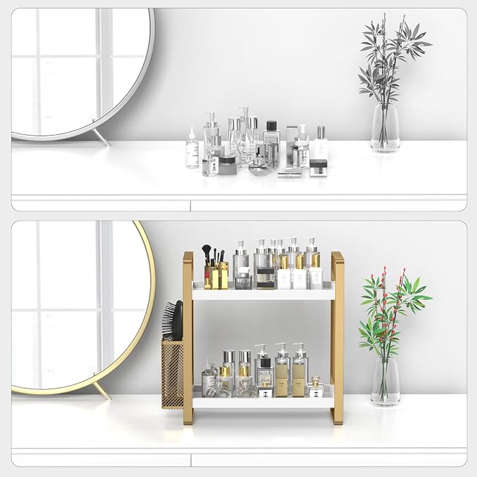 Bathroom Counter Organizer with Basket, Perfume,Makeup Organizers for Vanity,Storage Organizers for Bathroom, Kitchen, Dresser（White） - Image 5