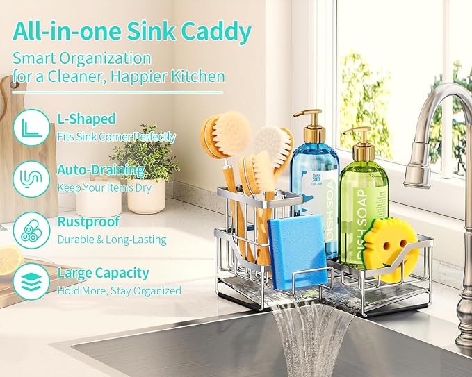 HapiRm Sponge Holder for Kitchen Sink - Rustproof L-Shaped Sink Caddy | Stainless Steel Kitchen Organizer for Sink Corner, Self-Draining 3-in-1 Dish Brush and Sponge Storage, Space-Saving - Silver - Image 2
