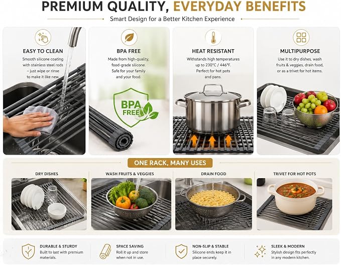 Roll Up Dish Drying Rack for Kitchen Sink, Silicone Wrapped Dish Drainer,Flodable Over Sink Drying Rack,Heat Resistant, Drain Mats, Space Saving, Multipurpose (Matte Black, Small) - Image 5