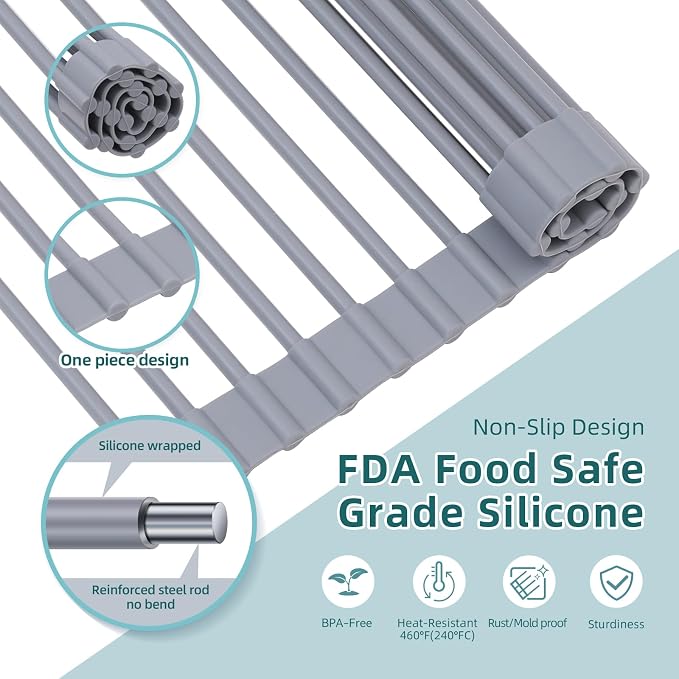 Ohuhu Dish Drying Rack Over The Sink, Roll Up Sink Rack 20.5" W x 13.1" L Rolling Dish Drainer Foldable Accessories Heat-Resistant Mat Anti-Slip Silicone Coated for Kitchen Counter - Image 5