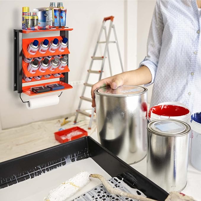 Spray Can Holder, Wall Mount Paint Bottle Organizer 8 Holes & 2 Shelves | Heavy Duty Lube Can Organizer with Paper Towel Holder for Garage & Home - Image 6