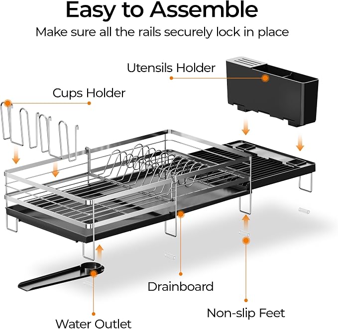 Delamu Stainless Steel Dish Drying Rack, Expandable Dish Drainer | Anti-Rust Dish Racks for Kitchen Counter, Dish Strainers with Drainboard, Utensil & Cup Holder, 13.4"-28.7" L x 11.8" W - Image 8