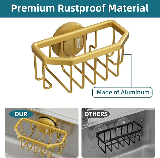 TAILI Sponge Holder for Kitchen Sink with Strong Suction Cup-Gold | Removable Sink Caddy for Kitchen Sink Oganizer, Rustproof Aluminum Sink Sponge Holder for Scraper Brushes, Stoppers - Image 5