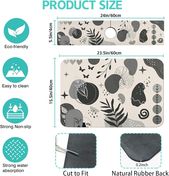 Dish Drying Mat for Kitchen Counter Matt, 2PCS 23"x15" Dish Drainer Mat & 24"x5.5" Sink Splash Guard, Super Absorbent Non-slip Rubber Backed - Image 2