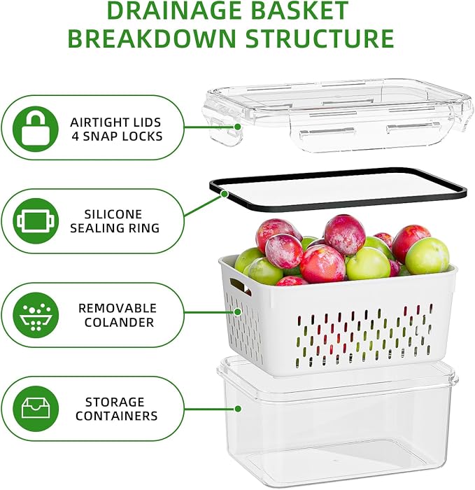 KEMETHY 5 Pack Fruit Storage Containers for Fridge with Removable Colanders - Food Storage Containers with Lids, BPA-Free Produce Containers Keep Fruits, Vegetables, Berry, Meat Fresh Longer - Image 4