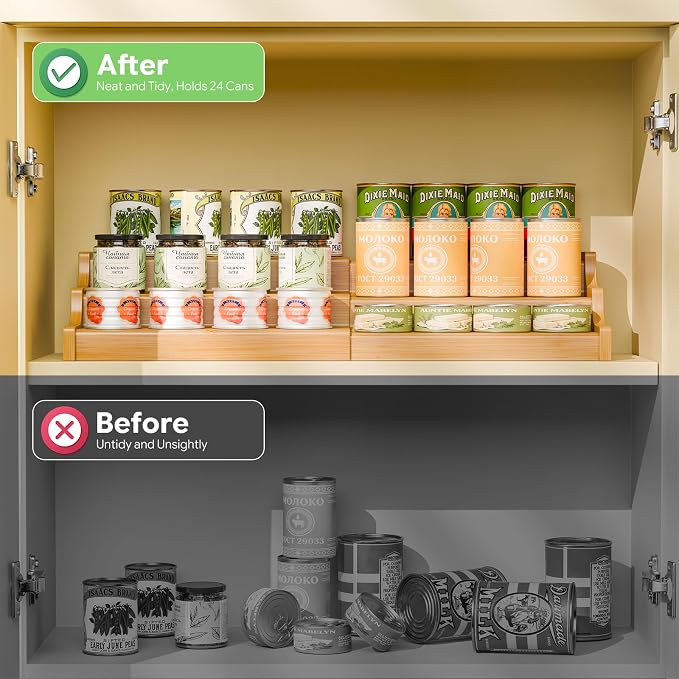 Simple Trending Expandable Bamboo Can Rack Organizer for Pantry, 3-Tier Adjustable Can Storage Holder Holds Up to 24 Cans, Canned Goods Storage Display for Cabinet, Countertop - Image 7