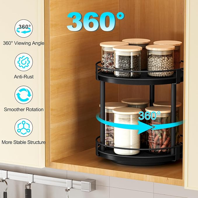 Snughome Lazy Susan Spice Rack, 2 Tier Rotating Spice Rack, Wood Lazy Susan Organizer for Cabinet, Black Kitchen Counter Shelf, 10.2" x 10.2" x 10.4" - Image 5