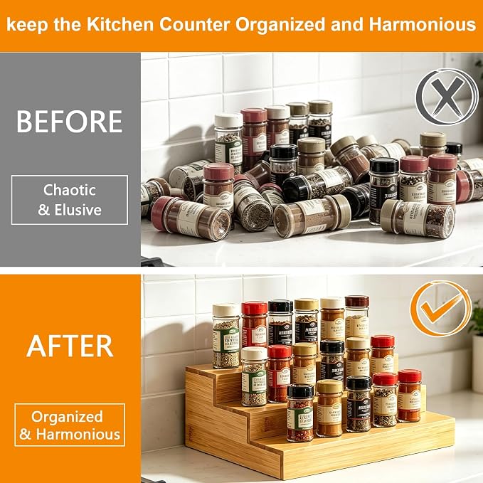 Spice Rack Organizer for Cabinet - 2PCS 11.8in Bamboo Spice Shelf | 3 Tier Seasoning Organizer for Countertop, Kitchen, Pantry - Apply to Standard Spice Jars, Vitamin Bottles, Sauce Cans - Image 5