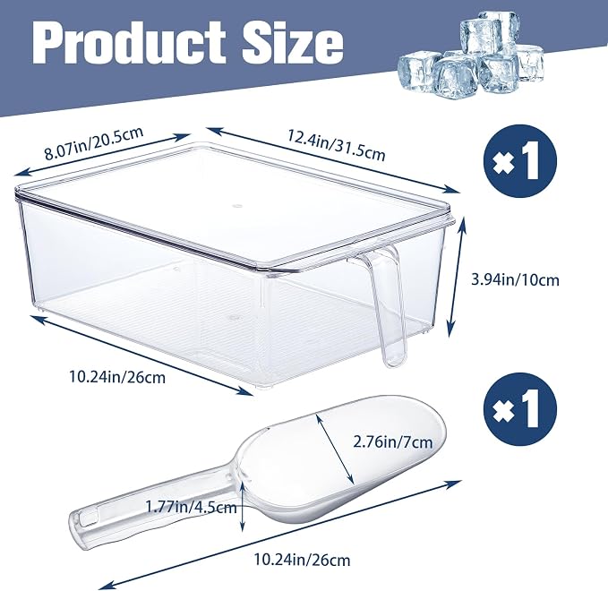 1 Set Ice Storage Bin for Freezer,12.4 x 8.07 x 3.94 Inches | Plastic Ice Container with Flexible Scoop Lid and Handle for Home Office Fridge Storage - Image 2