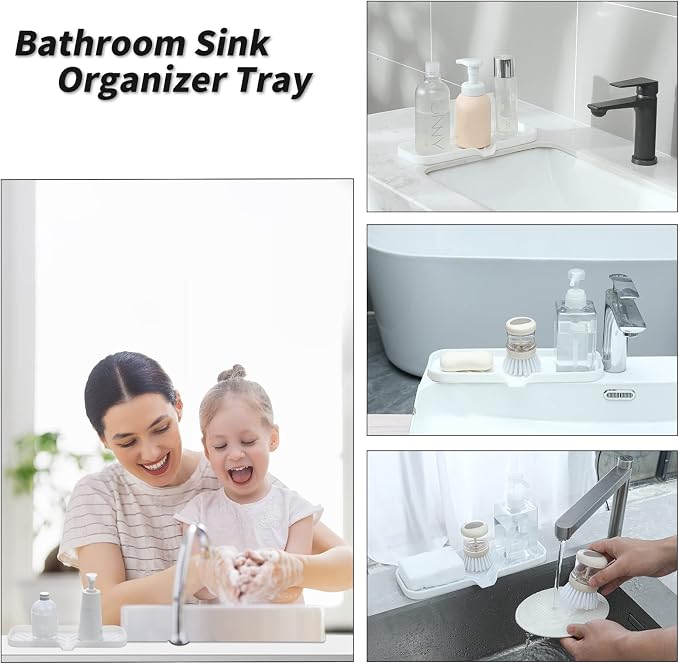 MicoYang Silicone Soap Dish with Drain Spout — Self-Draining Double Sink Organizer Tray for Kitchen & Bathroom, Dispensers, Sponges & Soap Holder, Non-Slip & Dishwasher Safe, White (Large, 12"×4") - Image 3