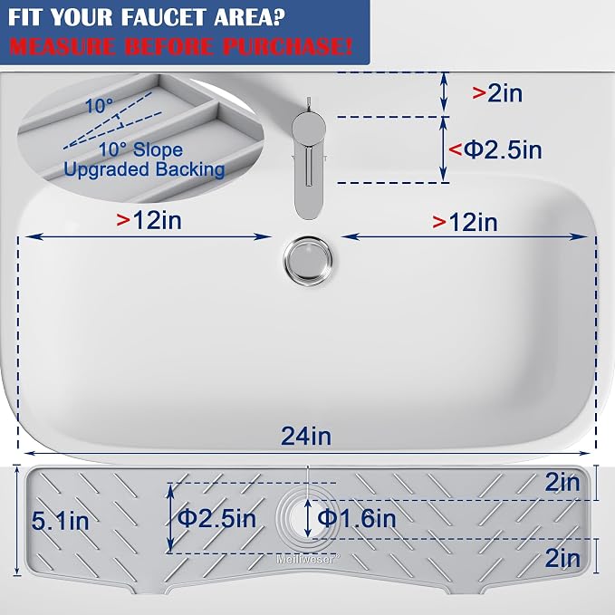 Faucet Mat for Kitchen Sink – 24” x 5.1” Extra-Long Silicone Splash Guard with 10° Slope & Upgraded Drainage – Gen 3 Sink Water Catcher & Sponge Holder for Kitchen, Bathroom (Gray) - Image 2