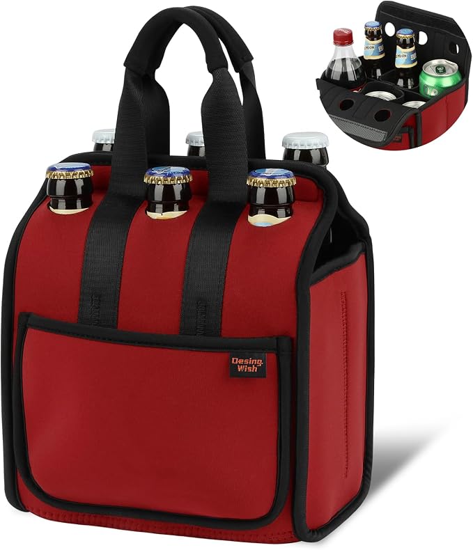 Portable Drinks Tote Bag for 6 PCS Beverage Cans/Bottles, Neoprene Insulated Drinks Can Bottle Carrier Tote Beverages Cans Cooler Bag Holder for Camping, Picnic, Party (Red) by DesingWish