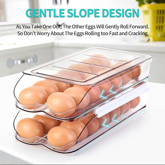 RoskDeewat Egg Holder for Fridge, Automatic Rolling Egg Container -1 Tier | Stackable Fridge Organizers and Storage with Lid, Sturdy Clear Plastic Egg Dispenser & Tray for Refrigerator - Image 2