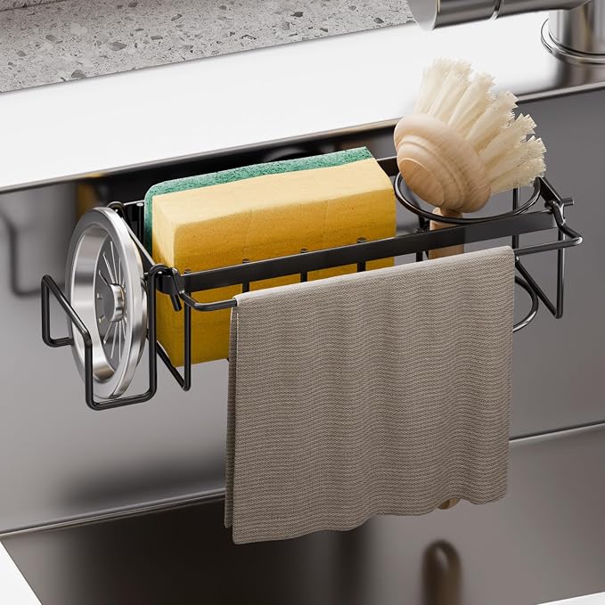 TAILI 4-in-1 Sponge Holder for Kitchen Sink with Strong Suction Cup-Black | Removable Rustproof 304 Stainless Steel Multi-compartment Sponge Holder with Suction Cup, Keeps Brushes & Scrubbers Tidy by TAILI