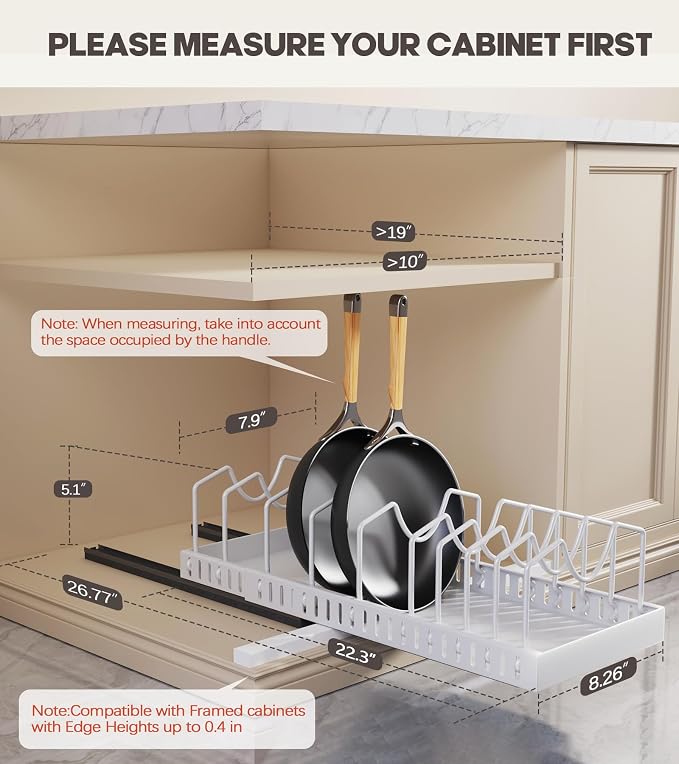 Pull Out Pots and Pans Organizer Under Cabinet, Expandable Sliding Lid Holder and Pan Rack for Kitchen, Slide Out Inside Cabinet for Pot Lid, Bakeware, Dishes, 10 Adjustable Dividers, 1 Pack White - Image 2