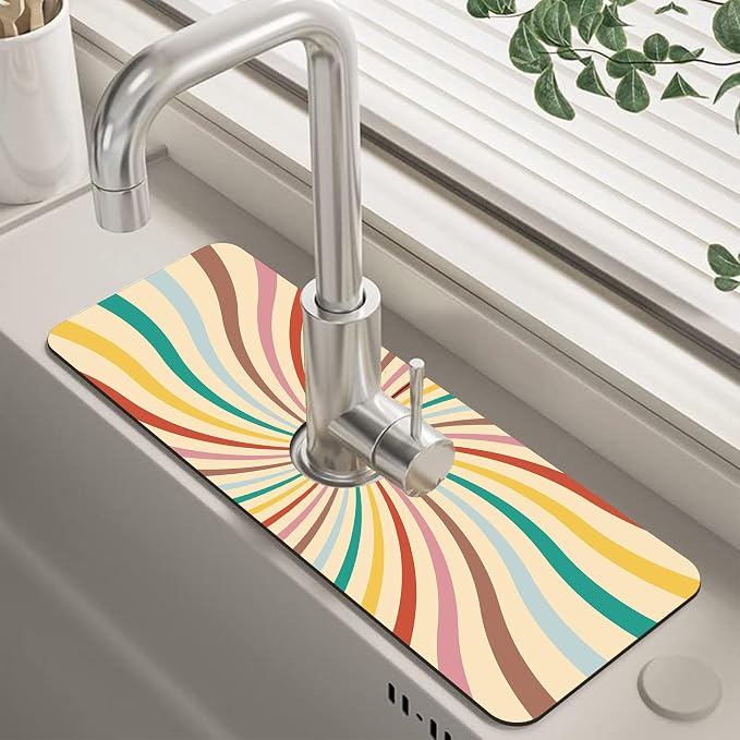 Groovy Retro Swirl Kitchen Sink Splash Guard Mat Absorbent Fast Drying Mat Faucet Draining Mat Sink Splash Guard Behind Faucet Drip Catcher for Kitchen Bathroom 5.5"×15" by Unknown