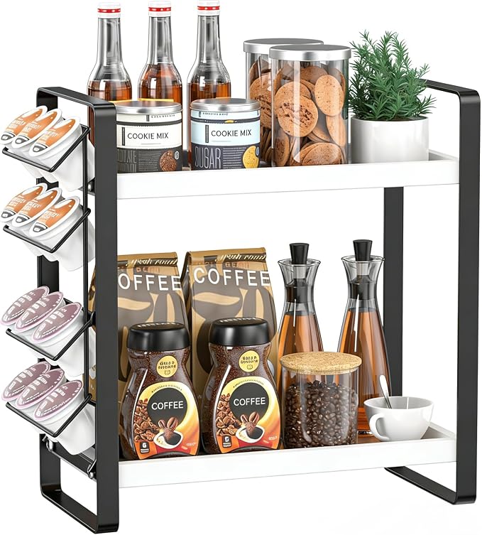 Coffee Station Organizer for Counter, Coffee Pods Holder Storage, Wooden Kitchen Counter Shelf, (WHITE) by LemikkleDirect