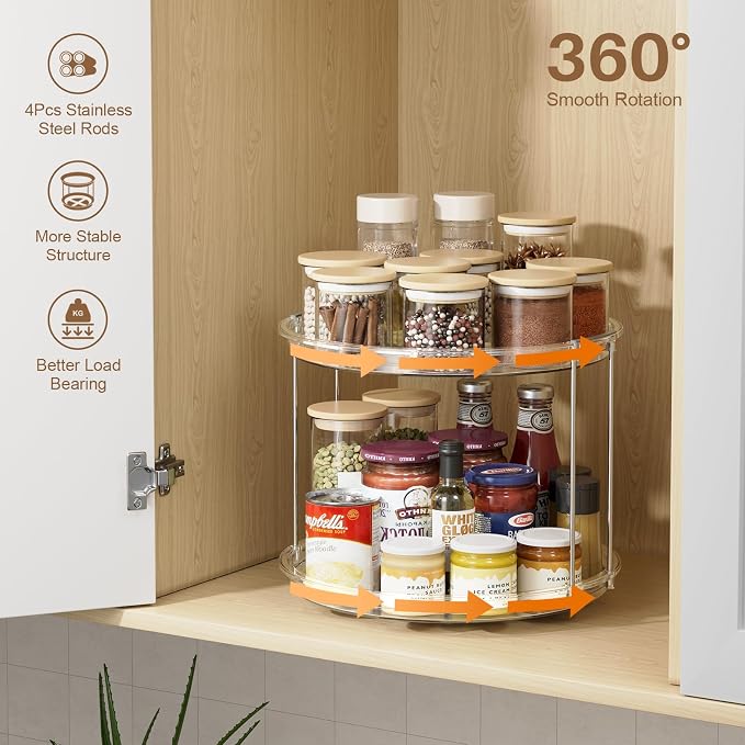 LAMU 2Pack 2 Tier Lazy Susan Organizer 12 inch Large Lazy Susan Turntable Rotating Spice Rack Organization for Cabinet, Kitchen, Pantry, Countertop, Bathroom, Vanity, Medicine Cabinet Organizer, Clear - Image 2