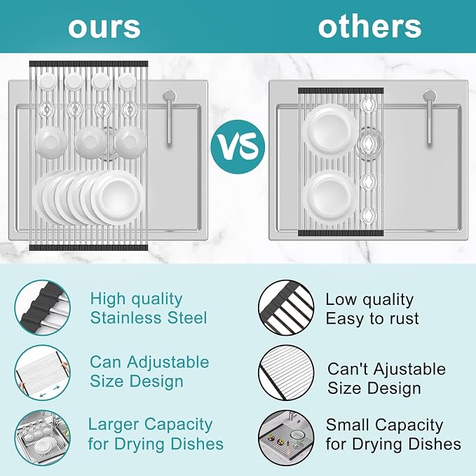 Extra Large Expandable Roll Up Dish Drying Rack,Over The Sink Drying Rack Sink Cover Kitchen Sink Accessories Kitchen Rolling up Stainless Steel Drainer, Foldable,Rollable（Black，22.8''-12.4''） - Image 5