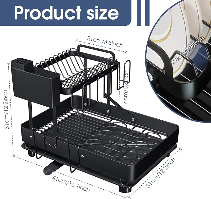 Dish Drying Rack for Kitchen Counter, Stainless Steel 2 Tier Dish Rack w Drainboard, Foldable 360° Rotatable & Expandable Drainer, Space-Saving Dish Strainers for Kitchenware - Image 2