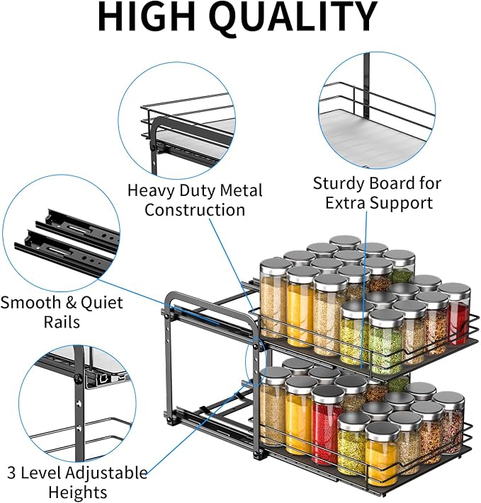 RCHYFEED 2 Tier Pull Out Spice Rack Organizer for Cabinet,9.5" Wx10.5Dx9.5H | Height Adjustable Spicy Shelf Metal Sliding Out Spice Rack Heavy Duty Vertical Spice Shelf for Inside Cabinets & Pantry - Image 3