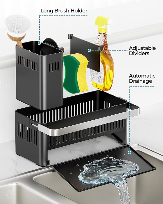 Nieifi Sponge Holder, Black Rustproof ABS Sink Caddy with Towel Rack | Smiley Sponge and Brush Holders with Drainage to Keep Items Dry. 10"W x 4.5"D. Kitchen Counter Organizer & Essential Storage. - Image 5
