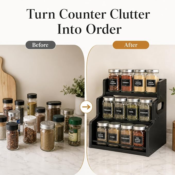 3 Tier Spice Rack Organizer for Cabinet, Wood Spice Shelf Storage, Kitchen Seasoning Organizer for Kitchen Countertop or Pantry, Spice Bottles, Bottles, Black - Image 5