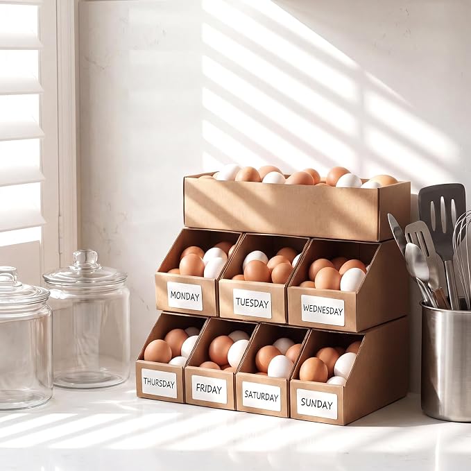 Egg Holder Countertop with 7 Dividers, 3 Tier Stackable Cardboard Chicken Egg Organizer for Gathering 283 Eggs, Fresh Egg Storage with 7 Write & Wipe Labels for Kitchen Counter - Image 5