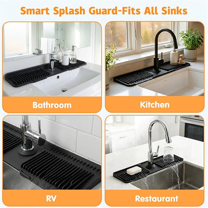 Silicone Faucet Mat for Kitchen Sink, 24" Splash Guard 7° Slope Fast Drain | Adjustable hole cutout for easy install, fits kitchen & bathroom sinks; food-grade silicone, easy to clean, keeps counter dry - Image 7