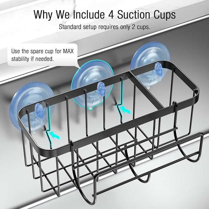 3-in-1 Kitchen Sink Caddy Organizer with Sponge Holder, Brush Holder, Extra Rack for Scrubber, Sink Stopper, Dish Cloth Hanger - Strong Dual Suction Cup, 2.0mm SUS304 Stainless Steel - Black - Image 6