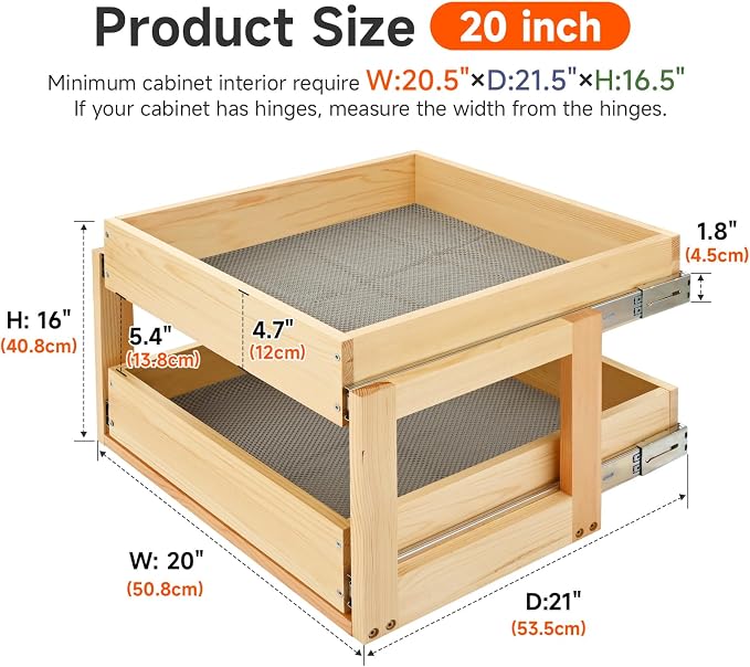 Pull Out Kitchen Drawer Cabinet organizer, 2 Tier 20"W*21"D*16"H -2 Tier,Soft Close Slide Out Wood Shelves Storage for Heavy-Duty, Bottom Assembly (Cabniet Opening W>20.5'',D>21.5'',H>16.5'') - Image 2