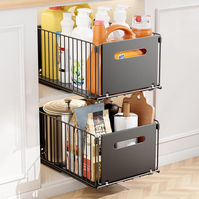 Pull Out Spice Racks for Inside Cabinets, Heavy Duty Under Sink Pull Out Organizer 2 Pack, Slide Out Drawers for Kitchen Cabinets, Bathroom, Pantry Organizers, 14.6”D x 9.6" W x 7" H, Black by Dimyno