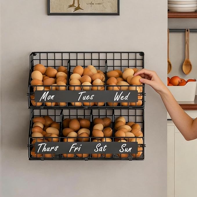 Egg Holder Countertop,Metal Egg Rack with Adjustable Dividers & DIY Labels | 2-Tier Stackable Wire Baskets, XXL Egg Basket for Gathering Fresh Eggs - Wall-Mounted Egg Storage, Chicken Coop Accessories by keomaisyto