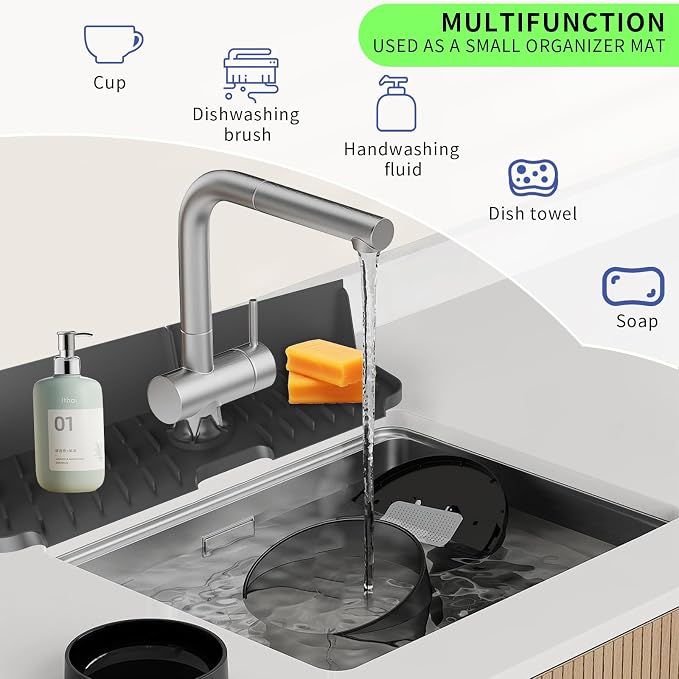 17” x 5.5” Silicone Faucet Handle Drip Catcher Tray Mat, Silicone Faucet Mat Dish Soap Sponge Holder for Kitchen Sink, Drying Mat for Kitchen Counter Bathroom Kitchen Sink Splash Guard - Black - Image 3