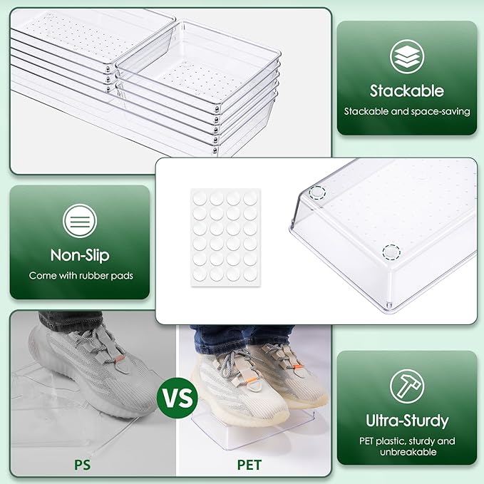 Drawer Organizer Set, Acrylic Non Slip Non Cracking Kitchen Drawer Storage Tray Large Size Divider, Multifunctional Storage for Cosmetics, Bathroom, Tools, Kitchen and Office (8 PACK) - Image 2