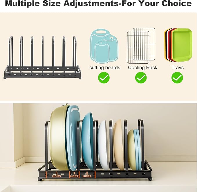TEAMOLA Metal Cutting Board Organizer - Adjustable Bakeware Rack 1-Pack | Black Metal Kitchen Rack Organizer, Adjustable Holder Fits Pans Lids Sheets, Cabinet Counter Under Sink Caddy with 7 Slots - Image 4