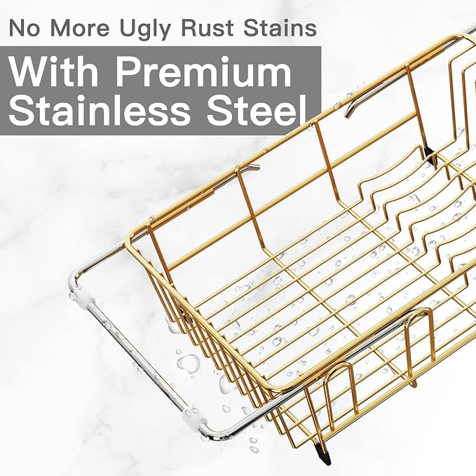 Gold Dish Drying Rack Over Sink with Utensil Holder, Drainboard | Expandable Stainless Steel Dish Drainer for Small Kitchen, Apartment, RV, Counter Space Saving, Perfect Fit, Rustproof - Image 4