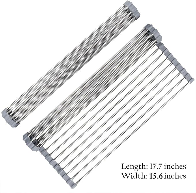 Hhyn Roll Up Dish Drying Rack Over The Sink 17.7"(L) x 15.6"(W), Gray | Multipurpose Foldable Stainless Steel Kitchen Rollable Drainer Rack - Image 3