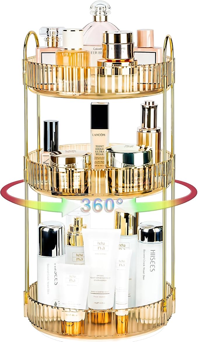 360 Rotating Makeup Organizer - Large Capacity Spinning Perfume & Cosmetic Skincare Holder for Vanity & Countertop (Vibrant Orange, 3 Tier) by Niluks