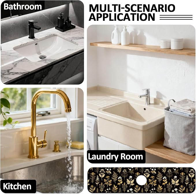 2 Pcs Kitchen Sink Splash Guard Faucet Mat Vintage Gold Leaves Faucet Mat for Sinks Flowers Pattern Absorbing Drying Mats for Kitchen Bathroom, 23.6x5.5inch - Image 7