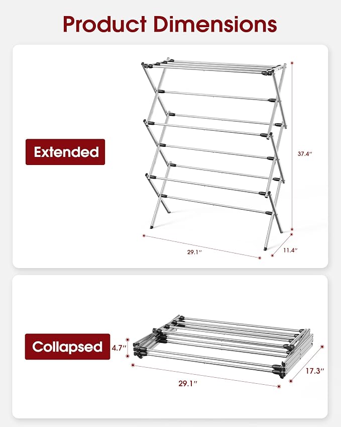 Sakugi Foldable 3-Tier Clothes Drying Rack 37.4" H with Non-Slip Feet | Indoor & Outdoor Use, Space Saving, Metal Frame, 11.4" D x 29.1" W, Silver - Image 3