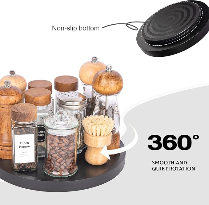 Wood Lazy Susan Organizer Kitchen Turntable for Cabinet Farmhouse Bathroom Decor Round Decorative Tray for Vanity, Counter, Sink, Coffee Table, 10 Inch, Black | waterpoof, East clean, Non-slip, Pantry Table Decorative Tray for condiment, spice - Image 4