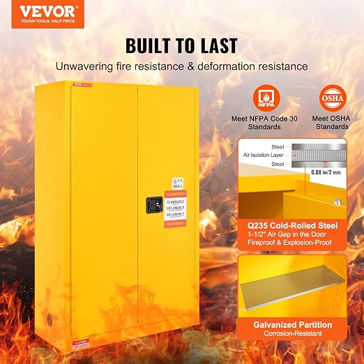 VEVOR Flammable Cabinet, 45 Gal, 18" x 43" x 65", Yellow | Cold-Rolled Steel, Explosion Proof, 2 Adjustable Shelves, 2 Manual Doors, Industrial Use - Image 4
