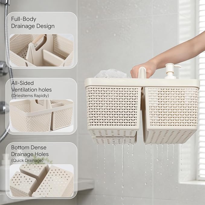 UUJOLY Portable Plastic Shower Caddy Basket with Wooden Handle, Beige | Divided Storage Organizer Tote for Bathroom, Dorm, College, Kitchen & RV – Lightweight, Easy-Carry Essentials Caddy - Image 3