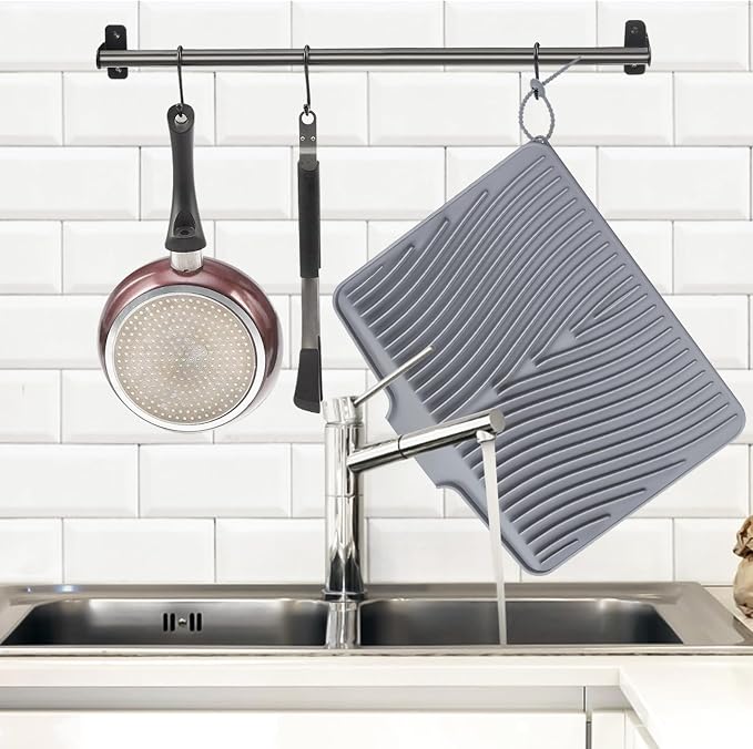TIKNIK Silicone Dish Drying Mat for Kitchen Counter, Grey-2pcs, 20" x 15" | Heat Resistant & Non-Slip Dish Drain Pad with Built-In Drain, Dishwasher Safe, Quick-Dry, Hangable & Roll-Up for Storage - Image 3
