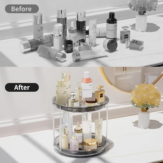 Rotating Makeup Organizer, Perfume Skincare Holder, 2 Tier 9 Inch, Gray | 360° Smooth Spinning Vanity Tray, Large Capacity, Space-Saving Cosmetics Storage for Bathroom Countertop, Dresser - Image 4