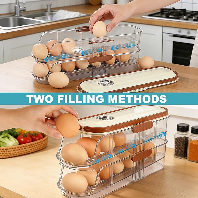 Egg Holder For Fridge, Container for Refrigerator, Single Column | With Lid And Handle, BPA-Free Detachable Tray, Timer Tracker, Automatic Rolling for Kitchen, Outdoor - Image 4